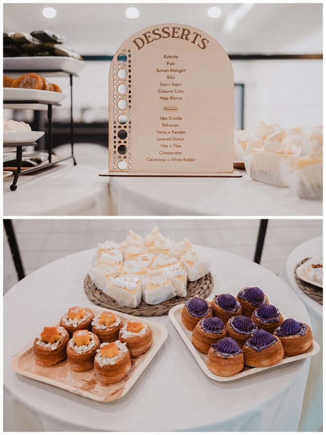 Assorted Filipino desserts displayed with menu sign.