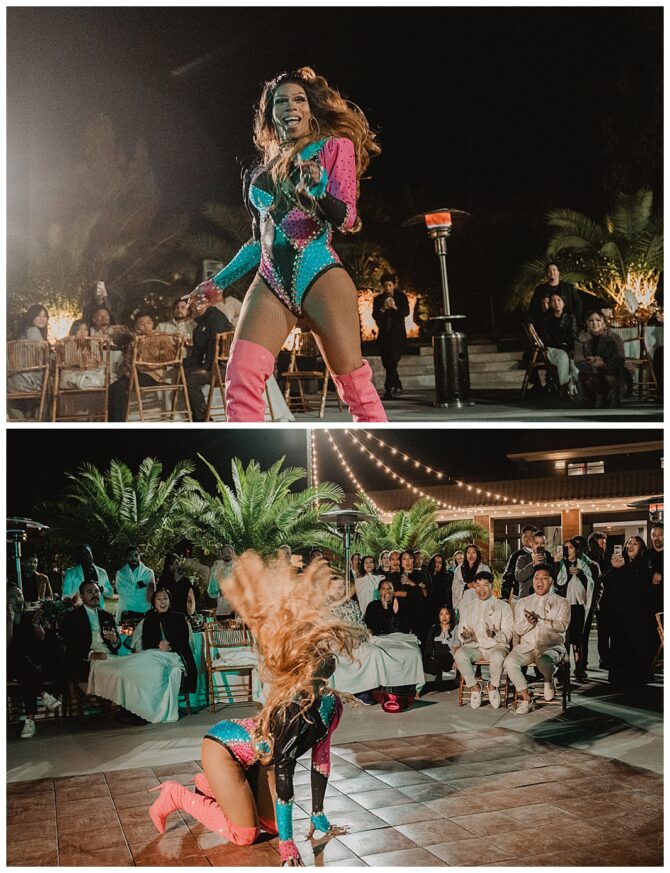 Drag performer dancing energetically at outdoor event.