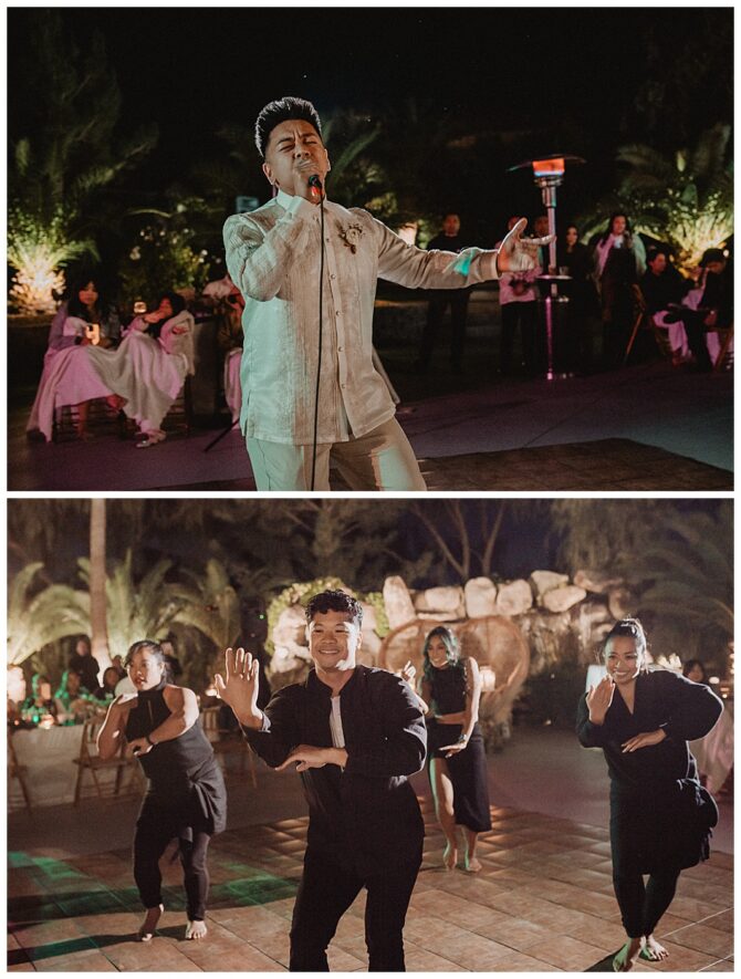 Singer and dancers perform at a night event.