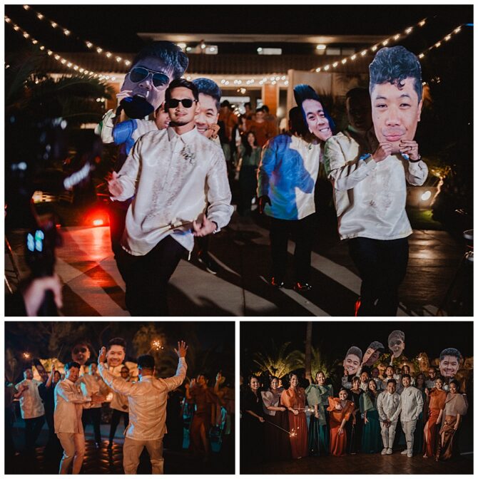 Wedding dance with oversized face masks at night.