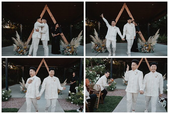 Same-sex couple's joyful wedding ceremony celebration.