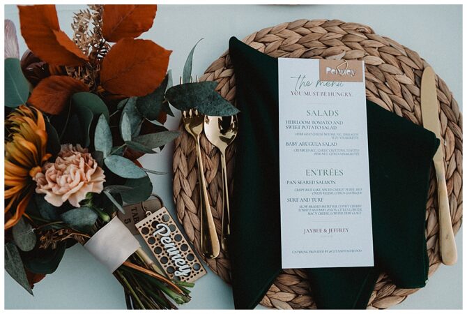 Wedding menu with floral arrangement and cutlery.