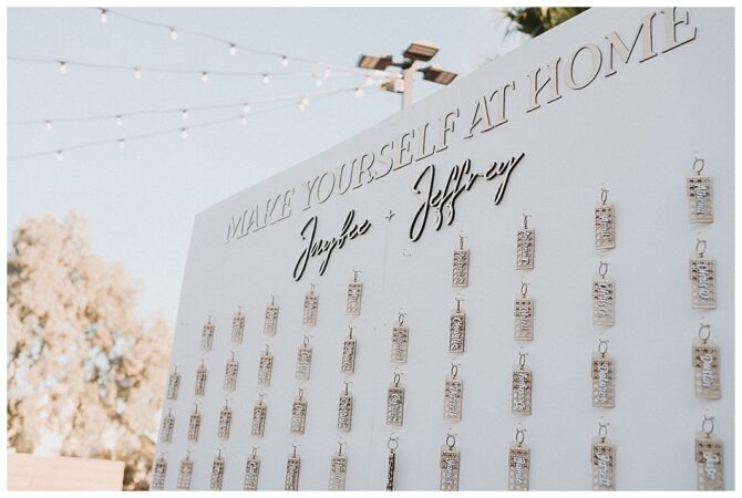 Wedding seating chart with decorative name tags.