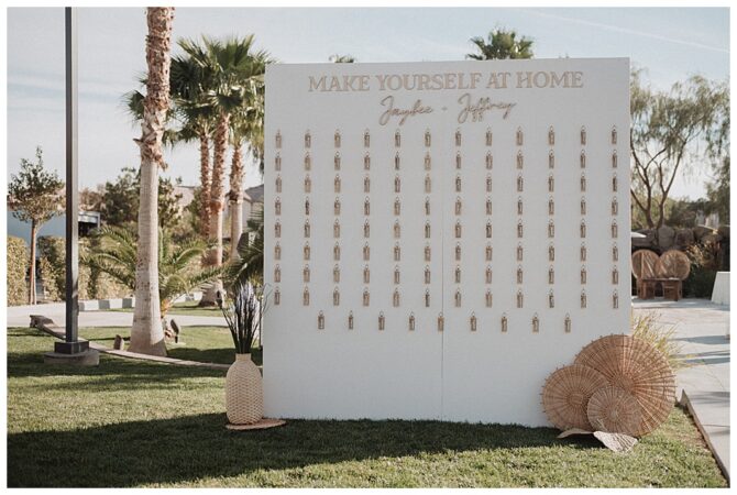 Decorative wedding display with hanging keys outdoors