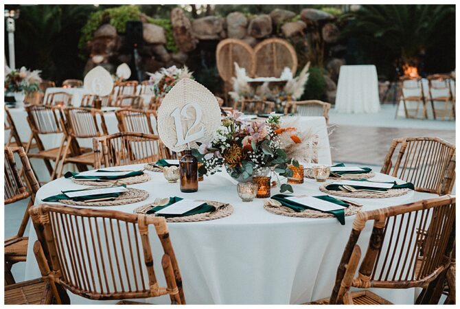 Elegant outdoor wedding table with floral centerpiece.