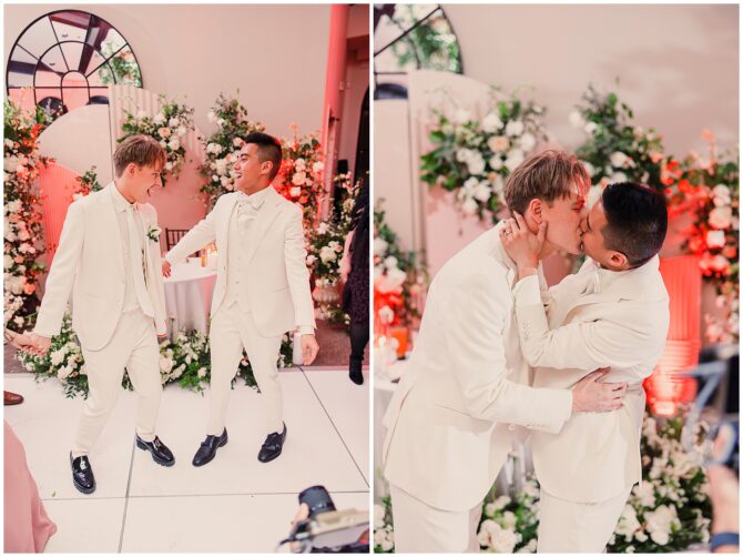 Two grooms celebrating their wedding with a kiss.