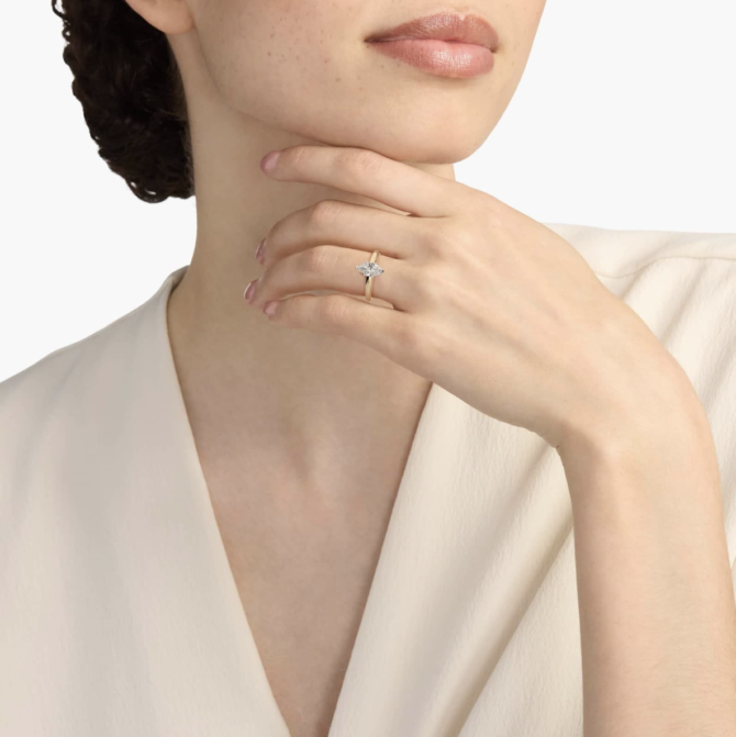Woman showcasing diamond ring on hand